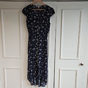 Button Front Cap Sleeve Floral Midi Dress